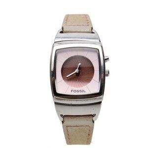 Vintage FOSSIL Big Tic Watch Leather Analog Digital Waterproof Pink Beige Silver